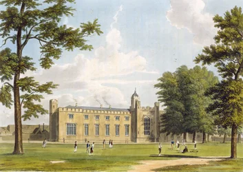 Vy över södra skolor och sovsalar i Rugby School från lekplatsen, från 